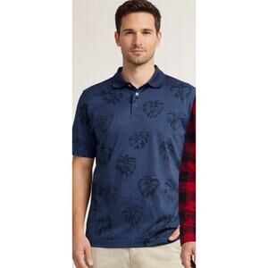 Jos A Bank Polo Shirt Tropical Leaf Print Men L Blue Casual Golf